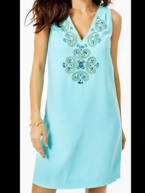 Lilly Pulitzer Penelope Shift Dress Ibiza Blue Teal Jewel Embellishment Size 14